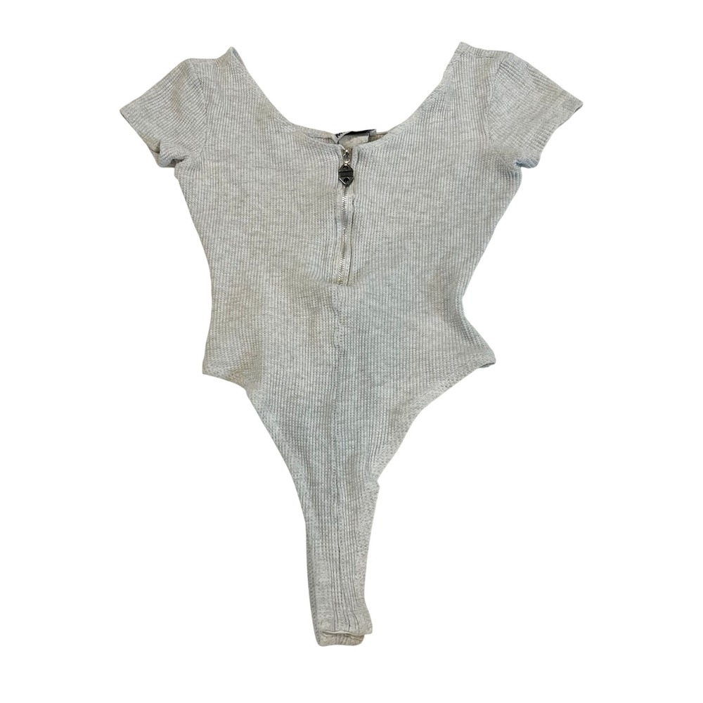 Vintage 90s LA Movers Gray Waffle Knit Zip Short Sleeve Thong Bodysuit SMALL